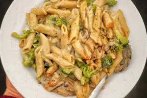 An overhead image of a plate of Creamy Mushroom Pasta